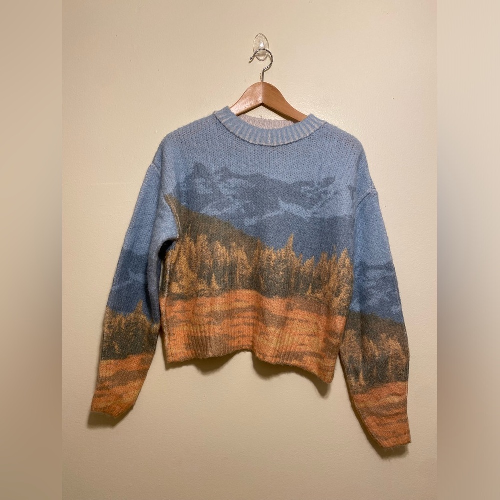 Zara Scenic Mountain Jacquard Crewneck Sweater - Blue & Orange. Size S